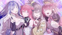  4girls absurdres ahoge beret black_gloves black_jacket blue_hair blush breasts brown_hair cleavage closed_eyes double_bun dress eyewear_on_head finellen fingerless_gloves girls&#039;_frontline girls&#039;_frontline_neural_cloud gloves hair_bun hair_ornament hairpin hat headset highres hubble_(neural_cloud) index_finger_raised jacket japanese_clothes kimono long_hair looking_at_viewer medium_breasts medium_hair multicolored_hair multiple_girls necktie one_eye_closed open_mouth panakeia_(neural_cloud) partially_fingerless_gloves pink_hair purple_hair sakuya_(neural_cloud) simple_background smile streaked_hair teeth upper_body upper_teeth_only white_dress willow_(neural_cloud) wz.29_(girls&#039;_frontline) 