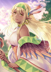  bare_shoulders blonde_hair blurry blurry_background brown_eyes cloud cloudy_sky commentary_request commission dark-skinned_female dark_skin depth_of_field elf feather_hair_ornament feathers female hagino_kouta hair_between_eyes hair_ornament holding holding_staff long_hair long_sleeves looking_at_viewer original outdoors parted_lips pointy_ears red_feathers shirt skeb_commission sky sleeveless sleeveless_shirt sleeves_past_wrists smile solo staff sunset twitter_username very_long_hair white_feathers white_shirt wide_sleeves 