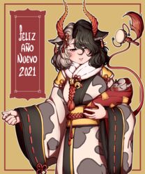  2021 alternate_costume animal_ears animal_print arms_up bell black_hair blush brown_background chinese_zodiac cow_ears cow_girl cow_horns cow_print cow_tail cowboy_shot ear_piercing english_commentary female fur_collar grey_hair hair_between_eyes hair_ornament happy_new_year highres holding horns instrument japanese_clothes jingle_bell kimono lips long_sleeves looking_at_viewer mefomefo multicolored_hair neck_bell nengajou new_year obi pacifier parted_lips piercing print_kimono rattle_drum red_eyes red_horns red_tail ribbon-trimmed_sleeves ribbon_trim sash short_hair simple_background solo spanish_text split-color_hair standing statue tail touhou translated two-tone_hair ushizaki_urumi wide_sleeves year_of_the_ox 