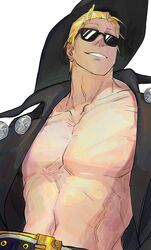  1boy abs bare_pectorals black_hat blonde_hair coat guilty_gear guilty_gear_strive hat highres johnny_(guilty_gear) l4r3justdead large_belt large_pectorals looking_to_the_side male_focus muscular muscular_male open_clothes pectorals smile solo sunglasses upper_body 