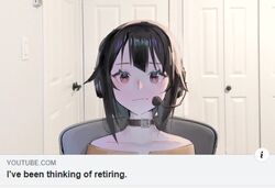  :/ bare_shoulders black_choker black_hair blush chair choker closed_mouth collarbone door door_handle doorknob english_text female frown godekasu hair_flaps headphones headset highres indoors jpeg_artifacts kono_subarashii_sekai_ni_shukufuku_wo! linus_tech_tips looking_at_viewer medium_hair megumin meme microphone photo_background red_eyes sad_linus_(meme) solo split_mouth upper_body web_address white_background youtube 