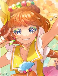  armpits blue_eyes brown_hair choker collarbone colored_eyelashes cure_papaya earrings female fingerless_gloves gloves grin hair_ornament highres ichinose_minori index_finger_raised jewelry long_hair looking_at_viewer makeup mascara mismatched_eyelashes n-bata precure sailor_collar sleeveless smile solo thick_eyelashes tropical-rouge!_precure upper_body yellow_choker yellow_gloves yellow_sailor_collar 