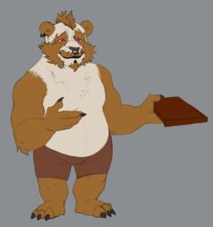  2018 3_toes anthro arm_tuft barefoot bear belly black_jewelry black_ring blizzard_entertainment bottomwear bristol brown_arms brown_body brown_bottomwear brown_claws brown_clothing brown_ears brown_face brown_feet brown_fingers brown_fur brown_hands brown_inner_ear brown_legs brown_pants brown_toes cheek_tuft chest_tuft chin_tuft claws closed_smile clothed clothing colored dark_jewelry digital_drawing_(artwork) digital_media_(artwork) ear_piercing ear_ring ear_tuft elbow_tuft facial_hair facial_piercing facial_tuft fan_character feet flat_colors fluffy fur goatee grey_background happy head_tuft holding_object inner_ear_fluff jewelry looking_forward male male_anthro mammal mouth_closed multicolored_body multicolored_fur muscular muscular_anthro muscular_male nose_piercing nose_ring pandaren pants piercing plantigrade red_eyes ring_piercing shorts shorts_only simple_background smile solo standing tan_belly tan_body tan_chest tan_face tan_fur tan_neck toes toony topless topless_anthro topless_male tuft two_tone_body two_tone_face two_tone_fur warcraft 