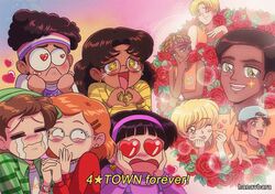  1990s_(style) 4girls 6+boys abby_(turning_red) animification black_hair brown_hair crying dark-skinned_female dark-skinned_male dark_skin fake_screenshot flower glasses hanavbara heart heart-shaped_eyes heart_hands holding_hands itou_ikuko_(style) meilin_lee miriam_(turning_red) multiple_boys multiple_girls parody priya_(turning_red) red_hair retro_artstyle rose style_parody subtitled turning_red tyler_(turning_red) 