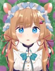  animal_ears blue_eyes blush bow brown_hair eli_conifer eli_conifer_(1st_costume) female flower from_above hair_ornament hair_ribbon hairclip hat highres long_hair looking_at_viewer mamimume-mo nijisanji outdoors ribbon solo twintails upper_body virtual_youtuber 