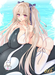  anchorage_(azur_lane) anchorage_(dolphins_and_swim_lessons)_(azur_lane) azur_lane between_breasts bikini breasts brown_hair cleavage collarbone commentary_request crossed_bangs female hair_between_eyes hair_ribbon heart heart_hands highres inflatable_dolphin inflatable_toy large_breasts long_hair looking_at_viewer nao_(naobinarydigit) ocean official_alternate_costume pink_eyes ribbon smile solo straddling swimsuit thighhighs very_long_hair wet white_bikini white_thighhighs 