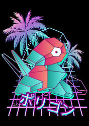  2019 ambiguous_gender artificial_intelligence black_background digital_creature digital_media_(artwork) generation_1_pokemon hi_res il-art japanese_text machine nintendo not_furry palm_tree plant pokemon pokemon_(species) porygon robot signature simple_background solo synthwave text tree 