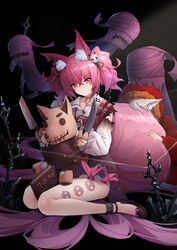  2girls absurdres animal_ear_fluff animal_ears arknights bare_legs black_background black_footwear book choker commentary fox_ears fox_tail fur-trimmed_jacket fur_trim grey_hair hair_between_eyes hair_ornament highres hood hooded_jacket hug hugging_another&#039;s_tail hugging_tail iku!_iku!! jacket knife large_tail long_sleeves looking_at_viewer morte_(arknights) multiple_girls pink_hair projekt_red_(arknights) red_eyes red_jacket shamare_(arknights) shirt shoes short_hair simple_background sitting stuffed_animal stuffed_toy tail thighs twintails wariza white_shirt wolf_ears 