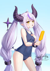  ass_visible_through_thighs blue_one-piece_swimsuit breasts covered_navel demon_girl demon_horns female food hand_on_own_chest highres hololive horns la+_darknesss long_hair multicolored_hair one-piece_swimsuit open_mouth pointy_ears popsicle purple_hair school_swimsuit skyrail small_breasts solo streaked_hair swimsuit thighs very_long_hair virtual_youtuber yellow_eyes 