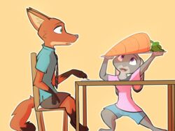  2020 anthro bottomwear canid canine carrot chair clothed clothing disney duo food fox fully_clothed fur furniture gloves_(marking) grey_body grey_fur hi_res holding_carrot holding_food holding_object holding_vegetable inner_ear_fluff judy_hopps lagomorph leg_markings leporid mammal markings nick_wilde open_mouth open_smile orange_body orange_fur plant plate rabbit red_fox shirt shorts simple_background sitting smile socks_(marking) standing t-shirt table topwear true_fox tuft vegetable yellow_background zhanbow zootopia 