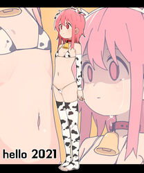  absurdres animal_print bell bikini blush bural_chingu collar cow_print elbow_sleeve empty_eyes english_text expressionless female highres korean_commentary lee_ji-eun luke_(dydansgur) navel neck_bell shaded_face short_hair short_hair_with_long_locks sidelocks solo spats_(footwear) swimsuit thighhighs zoom_layer 