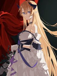  arknights bare_shoulders black_background blonde_hair blue_eyes choker commentary_request cowboy_shot dress female gloves hair_between_eyes highres horns long_hair looking_at_viewer nakatsuka123 off-shoulder_dress off_shoulder pointy_ears saileach_(appreciate_fragrance)_(arknights) saileach_(arknights) solo standing very_long_hair white_dress white_gloves 