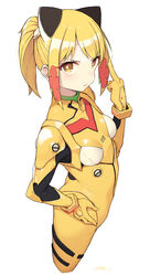  absurdres animal_ears blonde_girl_(cloba) blush bodysuit breasts brown_eyes cloba commentary fake_animal_ears female from_side hair_ornament highres looking_at_viewer middle_finger neon_genesis_evangelion original plugsuit ponytail short_hair simple_background small_breasts solo v-shaped_eyebrows white_background yellow_bodysuit 