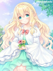  blonde_hair blue_sky blurry blurry_background blush bow braid closed_mouth cloud collarbone commentary_request commission crown_braid day depth_of_field dress female flower green_dress green_eyes hagino_kouta hair_between_eyes hair_flower hair_ornament head_tilt holding holding_flower jacket juliet_sleeves long_hair long_sleeves looking_at_viewer original outdoors pink_flower pointy_ears puffy_sleeves red_bow skeb_commission sky smile solo twitter_username very_long_hair white_flower white_jacket wide_sleeves yellow_flower 