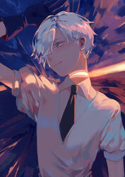  1other absurdres androgynous antarcticite commentary_request gem_uniform_(houseki_no_kuni) gloves grey_eyes hair_over_one_eye highres houseki_no_kuni light_rays necktie other_focus short_hair smile solo sunbeam sunlight tamomoko upper_body white_eyes white_hair 