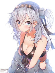  artist_name bikini black_bikini black_hairband blue_eyes blush breasts cleavage closed_mouth clothes_down collarbone female floating_hair front-tie_bikini_top front-tie_top grey_hair hair_between_eyes hairband halkawa501 highres kantai_collection long_hair medium_breasts side_ponytail simple_background solo suzutsuki_(kancolle) suzutsuki_(swimsuit_mode)_(kancolle) swimsuit upper_body watermark white_background 