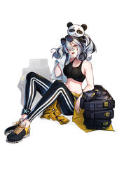  :d absurdres alternate_costume animal_on_head arknights bare_arms bare_shoulders black_footwear black_hair black_pants black_sports_bra breasts brown_eyes chinese_commentary cleavage clothes_around_waist collarbone commentary_request crop_top eyewear_on_head feater_(arknights) feater_(dojo_star)_(arknights) female full_body grey_hair groin hair_over_one_eye hand_up head_tilt highres holding holding_towel iku!_iku!! jacket jacket_around_waist large_breasts leggings long_hair looking_up midriff multicolored_hair navel oerba_yun_fang official_alternate_costume on_head open_mouth panda pants shoes simple_background sitting smile sneakers sports_bra stomach streaked_hair sunglasses towel twintails white_background yellow_jacket 