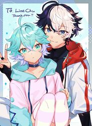  2boys androgynous black_hair blue_eyes blue_hair collar fingerless_gloves gloves highres hood hood_down hoodie indie_virtual_youtuber jewelry linechu looking_at_viewer male_focus messy_hair miz_(mi) multicolored_hair multiple_boys otoko_no_ko ring second-party_source short_hair skylar_edm thighhighs virtual_youtuber wavy_hair white_hair yaoi 