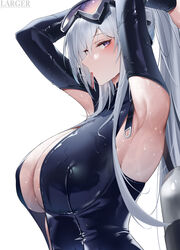  absurdres armpits arms_up artist_name azur_lane bad_id bad_pixiv_id blush breasts enterprise_(azur_lane) enterprise_(diving_under_blue_skies)_(azur_lane) eyewear_on_head female from_side goggles goggles_on_head grey_hair hair_tie_in_mouth highres large_breasts larger_bmx long_hair looking_at_viewer mouth_hold official_alternate_costume ponytail purple_eyes simple_background solo swim_goggles tying_hair upper_body wet white_background 