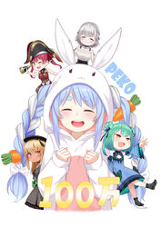  5girls absurdres animal_ears atg_(wttoo0202) bad_id bad_twitter_id blue_hair blush braid carrot_hair_ornament chibi chibi_inset clenched_hands closed_eyes food-themed_hair_ornament hair_ornament highres hikimayu hololive hololive_fantasy houshou_marine inactive_account long_hair multicolored_hair multiple_girls onesie open_mouth pajamas rabbit_ears rabbit_girl rabbit_pajamas shiranui_flare shirogane_noel shirogane_noel_(casual) short_eyebrows simple_background smile solo_focus swept_bangs teeth twin_braids two-tone_hair upper_body upper_teeth_only uruha_rushia usada_pekora virtual_youtuber white_background white_hair 