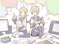  1boy arm_warmers bare_shoulders black_sailor_collar black_shorts black_sleeves blonde_hair blue_eyes book bookmark bow commentary crop_top eighth_note female folder hair_ornament hairbow hairclip hand_up handheld_game_console headphones holding holding_folder holding_handheld_game_console holding_pen kagamine_len kagamine_rin knees_up leg_warmers looking_at_viewer monitor musical_note musical_note_print neckerchief necktie nintendo_switch paper pen polka_dot sailor_collar school_uniform shirt short_hair short_ponytail short_shorts short_sleeves shorts shoulder_tattoo sitting sleeveless sleeveless_shirt sparkle speaker speech_bubble spiked_hair striped suzumi_(fallxalice) swept_bangs tattoo thought_bubble vocaloid wariza white_bow white_shirt yellow_neckerchief yellow_necktie 