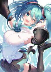  ;d arm_tattoo black_footwear black_skirt black_sleeves black_thighhighs blue_eyes blue_hair blue_ribbon collared_shirt commentary detached_sleeves dress_shirt female floating_hair hair_between_eyes hatsune_miku hatsune_miku_(nt) headphones headset high_heels highres long_hair long_sleeves looking_at_viewer microphone miniskirt nanahi_tsubaki neck_ribbon one_eye_closed piapro pleated_skirt pumps ribbon see-through see-through_sleeves shirt skirt sleeveless sleeveless_shirt smile solo tattoo thighhighs twintails very_long_hair vocaloid white_shirt wing_collar zettai_ryouiki 