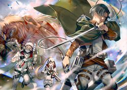  2boys absurdres armored_titan belt black_hair blonde_hair blood blood_on_clothes blood_on_face cape character_request crossover female green_cape gun hair_between_eyes hair_over_one_eye highres holding holding_gun holding_weapon jacket knives_out kyuuba_melo levi_(shingeki_no_kyojin) long_hair mask mouth_mask multiple_boys open_mouth paradis_military_uniform ponytail running shingeki_no_kyojin short_hair standing three-dimensional_maneuver_gear titan_(shingeki_no_kyojin) weapon 