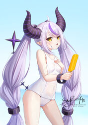  ass_visible_through_thighs breasts covered_navel demon_girl demon_horns female food hand_on_own_chest highres hololive horns la+_darknesss long_hair multicolored_hair one-piece_swimsuit open_mouth pointy_ears popsicle purple_hair school_swimsuit skyrail small_breasts solo streaked_hair swimsuit thighs very_long_hair virtual_youtuber white_one-piece_swimsuit yellow_eyes 