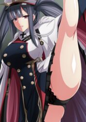  azur_lane black_hair black_panties breasts buttons cape cross double-breasted dress female flexible fur_trim hat high_kick highres hime_cut iron_cross kicking large_breasts leg_lift leg_up long_hair looking_at_viewer makiri_akira meme military_hat multicolored_clothes multicolored_dress panties peaked_cap peter_strasser_(azur_lane) red_eyes solo split standing standing_on_one_leg standing_split twintails two-tone_cape underwear very_long_hair white_cape 