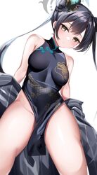  black_dress black_hair blue_archive breasts butterfly_hair_ornament china_dress chinese_clothes double_bun dragon_print dress female green_eyes hair_bun hair_ornament halo highres katsushika_pachi kisaki_(blue_archive) long_hair looking_at_viewer medium_breasts print_dress simple_background solo standing thighs twintails white_background 