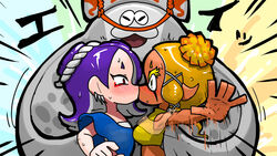  1boy 2girls big_man_(splatoon) blonde_hair blue_hair blush commentary crop_top dark-skinned_female dark_skin ear_piercing emphasis_lines flailing forced_kiss frye_(splatoon) inkling kissing meme multiple_girls ninniku_(ninnniku105) now_kiss!_(meme) octoling piercing pointy_ears shirt shiver_(splatoon) sleeveless splatoon_(series) splatoon_3 surprised sweat tentacle_hair upper_body waving_arms yellow_shirt yuri 