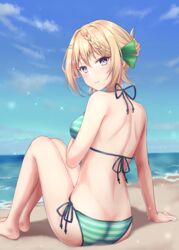  ass bare_arms bare_legs bare_shoulders barefoot beach bikini blonde_hair blush braid breasts closed_mouth day female green_bikini hair_between_eyes hair_ornament hairclip halterneck highres kantai_collection light_smile looking_at_viewer looking_back medium_breasts monoku ocean outdoors perth_(kancolle) perth_(swimsuit_mode)_(kancolle) purple_eyes sand short_hair side-tie_bikini_bottom solo sparkle string_bikini striped_bikini striped_clothes swimsuit 