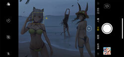  3girls amiya_(arknights) animal_ears arknights arms_up ass bare_arms bare_shoulders beach bikini black_bikini black_one-piece_swimsuit blue_eyes blue_shorts brown_hair cat_ears cat_tail ch&#039;en_(arknights) chinese_text commentary cowboy_shot ears_through_headwear facial_recognition fake_phone_screenshot fake_screenshot feet_out_of_frame flip-flops flower from_behind goggles goggles_on_headwear green_bikini green_eyes grey_hair hand_up hat hat_flower jay_xu kal&#039;tsit_(arknights) long_hair looking_at_viewer looking_back material_growth md5_mismatch multi-strapped_panties multiple_girls navel night night_sky ocean official_alternate_costume one-piece_swimsuit oripathy_lesion_(arknights) rabbit_ears red_flower resolution_mismatch sandals short_hair short_shorts shorts sky skyfire_(arknights) skyfire_(temperature_difference)_(arknights) smile source_larger standing stomach stretching sun_hat swimsuit swire_(arknights) tail thighlet thighs translation_request wading water 