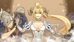  2girls armor asymmetrical_hair belial_(the_seven_deadly_sins) black_gloves blonde_hair breasts brown_eyes cleavage curled_horns demon_girl demon_horns end_card frown glasses gloves grey_hair hidari_(left_side) highres horns large_breasts long_hair looking_at_another looking_at_viewer lucifer_(the_seven_deadly_sins) mature_female multiple_girls non-web_source official_art parted_lips partially_fingerless_gloves pauldrons pointy_ears ponytail puff_and_slash_sleeves puffy_short_sleeves puffy_sleeves red_eyes revealing_clothes semi-rimless_eyewear short_sleeves shoulder_armor smile sparkle the_seven_deadly_sins tiara under-rim_eyewear upper_body very_long_hair white_gloves 