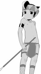  1boy bad_id bad_pixiv_id blush endou_mamoru greyscale headband inazuma_eleven inazuma_eleven_(series) jewelry ku--ma lightning_bolt_symbol loincloth male_focus monochrome navel necklace nipples solo standing topless_male weapon 