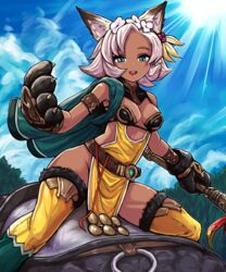  animal_ears animal_hands bad_id bad_pixiv_id blue_eyes blush breasts cat_ears cleavage dark-skinned_female dark_skin erune female flower gloves granblue_fantasy hair_flower hair_ornament hoshitetsu_ringo looking_at_viewer melleau open_mouth paw_gloves short_hair small_breasts smile solo thighhighs white_hair 