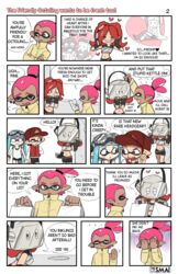  2boys 2girls bag blue_hair bucket_hat commentary_request english_text goggles hat highres inkling inkling_boy inkling_girl inkling_player_character multiple_boys multiple_girls pink_hair red_hair sami_briggs shopping_bag splatoon_(series) splatoon_1 takozonesu tentacle_hair 