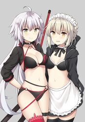  2girls ahoge apron artoria_pendragon_(alter_swimsuit_rider)_(fate) artoria_pendragon_(alter_swimsuit_rider)_(second_ascension)_(fate) artoria_pendragon_(fate) bikini black_choker black_jacket black_ribbon black_thighhighs blonde_hair braid breast_press breasts choker collarbone commentary_request fate/grand_order fate_(series) green_eyes hair_between_eyes highres jacket jeanne_d&#039;arc_alter_(fate) jeanne_d&#039;arc_alter_(swimsuit_berserker)_(fate) looking_at_viewer maid maid_bikini maid_headdress medium_breasts multiple_girls navel o-ring o-ring_bikini ribbon shrug_(clothing) swimsuit thigh_strap thighhighs unconventional_maid white_apron yellow_eyes yoshikita_popuri 