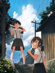  2girls bag bare_legs black_skirt blue_sky building cloud commentary_request day drainpipe eating feline flower food hair_ornament hair_ribbon hairclip holding holding_bag inami_hatoko lolicon looking_at_viewer looking_back multiple_girls neck_ribbon original outdoors plant pleated_skirt ponytail popsicle power_lines ribbon school_bag school_uniform shirt short_hair short_sleeves skirt sky socks stairs summer suspender_skirt suspenders tupet utility_pole white_shirt 