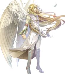  1boy belt blonde_hair boots circlet feathered_wings feathers fire_emblem fire_emblem:_path_of_radiance fire_emblem:_radiant_dawn fire_emblem_heroes full_body green_eyes highres long_hair male_focus official_art open_mouth pointy_ears reyson_(fire_emblem) solo teeth transparent_background wings yura_(ub4u) 