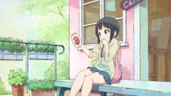  aiura animated animated anime_screenshot backpack bag bare_legs black_eyes black_hair blinking chewing covering_own_mouth eating female food hood hoodie low_twintails lowres non-web_source sitting skirt sleeves_rolled_up solo surprised taiyaki thighs twintails uehara_ayuko wagashi 