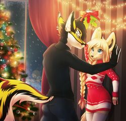  2016 anthro blonde_hair blue_eyes braided_hair breasts canid canine canis christmas christmas_tree clothed clothing dannyckoo duo female fox green_eyes hair hand_behind_head hi_res holidays holly_(plant) legwear male male/female mammal plant smile snow stockings sweater topwear tree tresertf wolf 