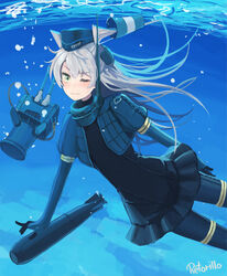  alternate_eye_color amatsukaze_(kancolle) artist_name bad_id bad_pixiv_id bodysuit cosplay cropped_jacket diving_suit dress eyebrows female garrison_cap green_eyes grey_hair hair_tubes hat headgear high_collar highres kantai_collection long_hair looking_at_viewer one_eye_closed puffy_short_sleeves puffy_sleeves rensouhou-kun retorillo short_sleeves solo torpedo turtleneck two_side_up u-511_(kancolle) u-511_(kancolle)_(cosplay) underwater wavy_mouth wetsuit 