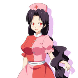  :d alternate_color black_hair blush breasts cato_(monocatienus) commentary_request cosplay dress female hat houraisan_kaguya houraisan_kaguya_(cosplay) large_breasts long_hair looking_at_viewer open_mouth red_eyes sash smile solo touhou very_long_hair wavy_hair yagokoro_eirin 