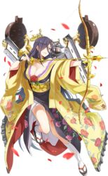  arrow_(projectile) bare_shoulders black_hair bow_(weapon) breasts castle cleavage crown emerane female fingerless_gloves floral_print full_body gloves hair_between_eyes hair_over_one_eye japanese_clothes kimono large_breasts long_hair mole mole_under_eye official_art oshiro_project:re petals red_eyes smile solo tabi tamonyama_(oshiro_project) transparent_background very_long_hair weapon yuujo 