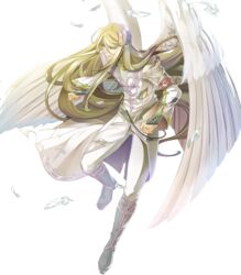  1boy belt blonde_hair boots circlet feathered_wings feathers fire_emblem fire_emblem:_path_of_radiance fire_emblem:_radiant_dawn fire_emblem_heroes full_body green_eyes highres long_hair male_focus official_art pointy_ears reyson_(fire_emblem) solo teeth torn_clothes transparent_background wings yura_(ub4u) 