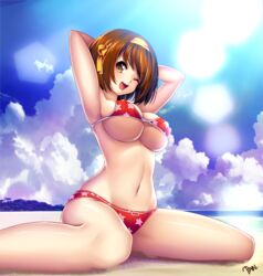  ;d arms_behind_head arms_up beach bikini breasts brown_eyes brown_hair cloud commentary_request day female hairband kashi_kosugi large_breasts light_rays looking_at_viewer navel ocean one_eye_closed open_mouth sand signature sitting smile solo star_(symbol) star_print sun sunlight suzumiya_haruhi suzumiya_haruhi_no_yuuutsu swimsuit underboob 