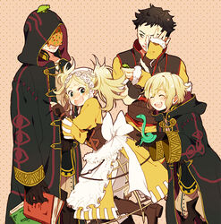  2boys 2girls ^_^ animal animal_on_head apron bad_id bad_pixiv_id belt black_gloves black_hair blonde_hair blush book boots brother_and_sister buttons circlet closed_eyes corset dropping family father_and_daughter father_and_son fingerless_gloves fingernails fire_emblem fire_emblem_awakening frilled_apron frills frog fur_trim gloves grabbing green_eyes guttary hair_between_eyes hand_over_eye hand_over_face height_difference holding holding_animal hood hooded_jacket husband_and_wife jacket kneehighs leaning leaning_forward lissa_(fire_emblem) long_sleeves morgan_(female)_(fire_emblem) morgan_(fire_emblem) mother_and_daughter mother_and_son multiple_boys multiple_girls on_head open_mouth owain_(fire_emblem) pants parted_bangs polka_dot polka_dot_background puffy_sleeves robin_(fire_emblem) robin_(male)_(fire_emblem) scared short_hair short_sleeves siblings side_slit snake socks standing standing_on_one_leg sweat tears teeth twintails wavy_hair wide_sleeves yellow_gloves 