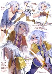  1boy androgynous arslan arslan_senki blue_eyes blush boots commentary_request gloves ikezaki_misa long_hair male_focus nipple_slip nipples reference_sheet sword tears thigh_boots thighhighs translation_request weapon white_hair 