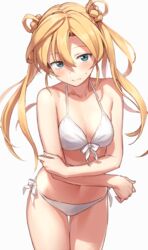  abukuma_(kancolle) bad_id bad_twitter_id bikini blonde_hair blue_eyes blush breasts closed_mouth cowboy_shot crossed_arms female front-tie_bikini_top front-tie_top hair_between_eyes hair_rings kantai_collection kinosuke_(sositeimanoga) leaning_forward long_hair looking_at_viewer navel side-tie_bikini_bottom simple_background small_breasts solo sweatdrop swimsuit twintails white_background white_bikini 